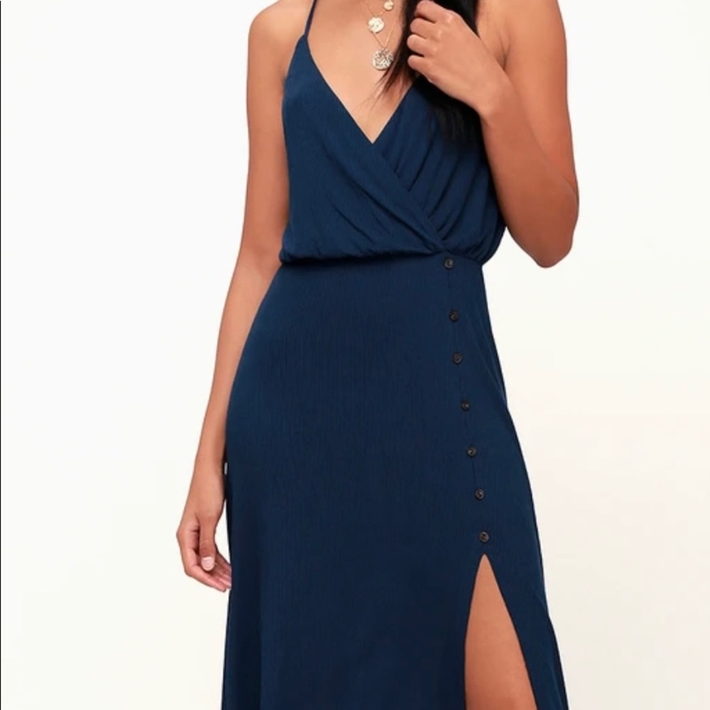 Palm Tree Breeze Navy Blue Ribbed Midi Dress